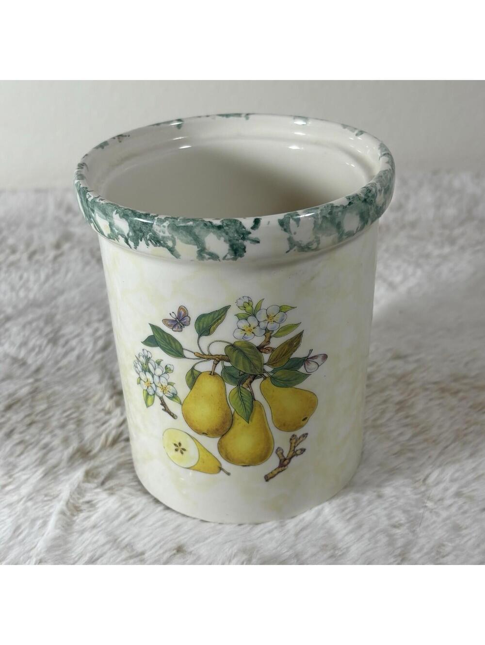 Vintage Himark Italy Pear Utensil Holder Crock Green Sponge Rim